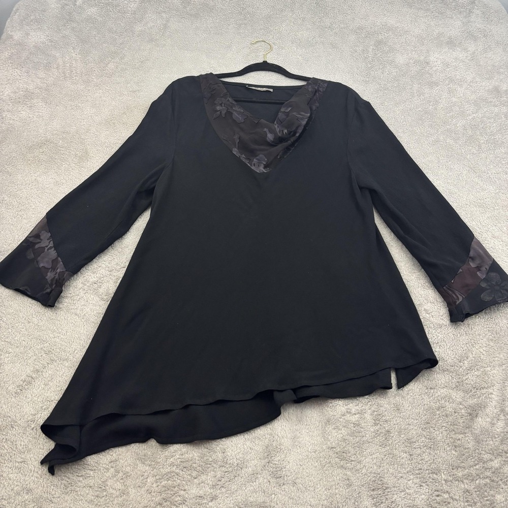 SA2 Tunic Top Women L Black Asymmetrical Floral Sheer Cowl Neck Artsy Whimsigoth
